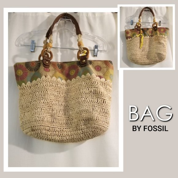 Fossil Handbags - Cream Knit Canvas Floral Pattern Satchel Bag